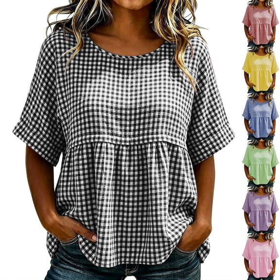 ClodeEU Women's Plaid Round Neck Short Sleeve Babydoll Blouse,Casual Summer Peplum Top Black,Women's Plus L