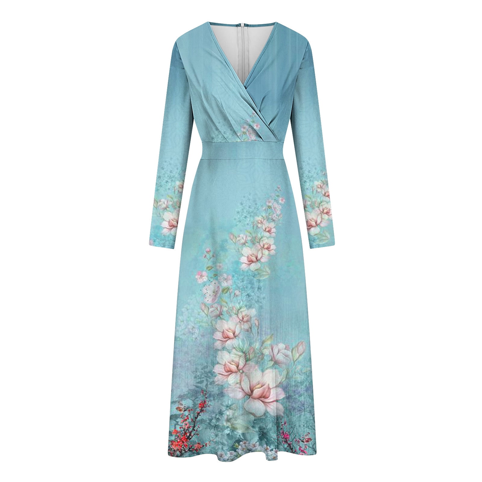 Taqqpue Women's V-Neck Floral Maxi Dress Casual Long Sleeve