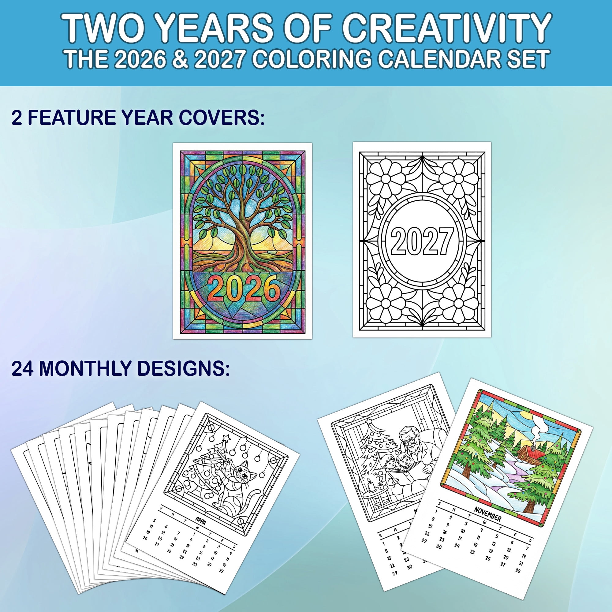 Stained Glass Christmas Coloring Desk Calendar 2026–2027, A5 Wooden Cover Planner with 26 Easy Coloring Pages for Adult Relaxation, 24 Month Desktop Calendar with Stand, Gift for Family & Friends