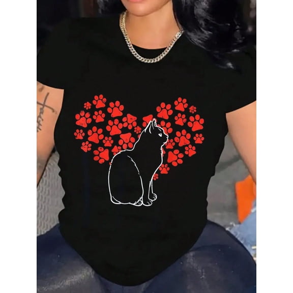 Cute Black Cat Paw Heart Valentine's Day Women Casual Short Sleeve T-Shirt