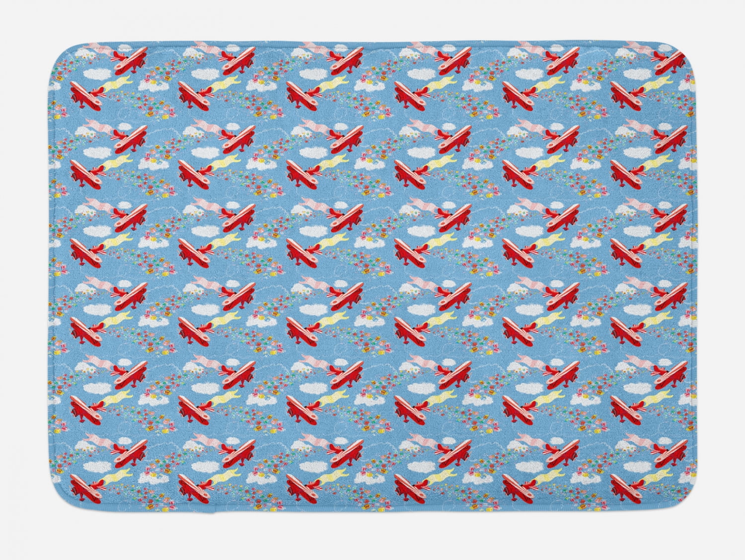 Airplane Bath Mat, Retro Biplanes with Pennants Throwing Present Boxes