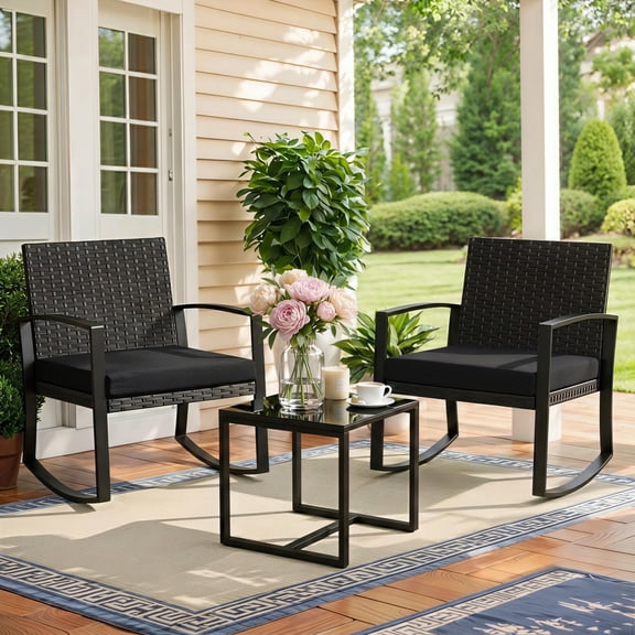 Noelse 3 Piece Wicker Rocking Chair Set, Outdoor Patio Furniture with Table and Cushions for Balcony, Black