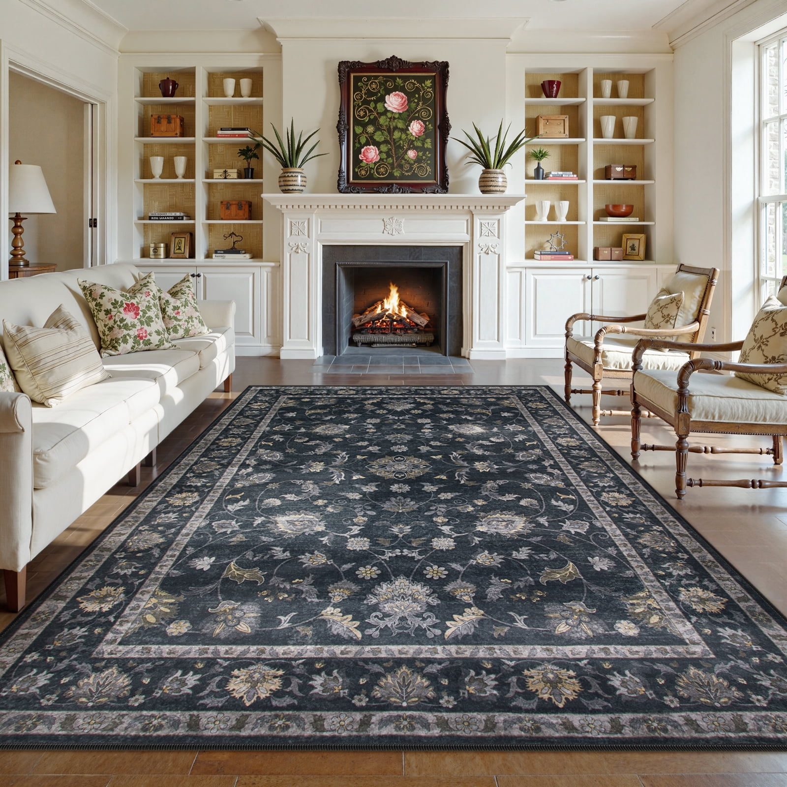 Lahome Decor Floral Area Rug 6'x9', Machine Washable Rugs for Living Room, Non Slip Rug with Vintage Printed, Low Pile Carpet for Bedroom Dining Room Home Office, Black