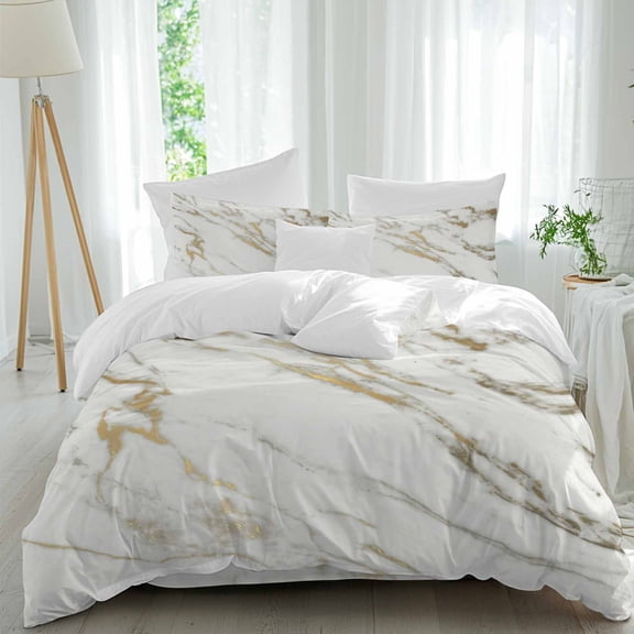 White Gold Queen Size Comforter Set, Marble Texture Modern Style Simple Abstract Bedding for All Seasons, 4 Pcs Bed Set, 1Quiltcover (90"x92") ,1Sheet(94"x116"), 2Pillowcases (30"x20")