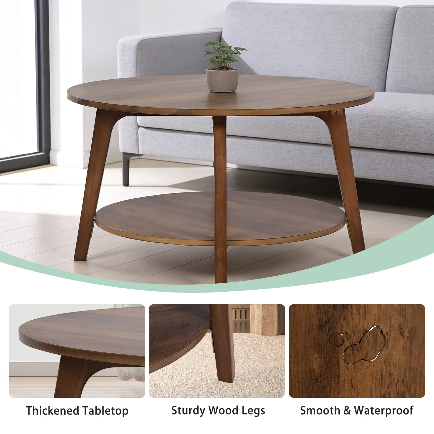 CL.HPAHKL Round Coffee Table, 31.5'' Wooden Circle Coffee Table with Storage, 2-Tier Center Table for Living Room, Apartment, Small Space, Brown