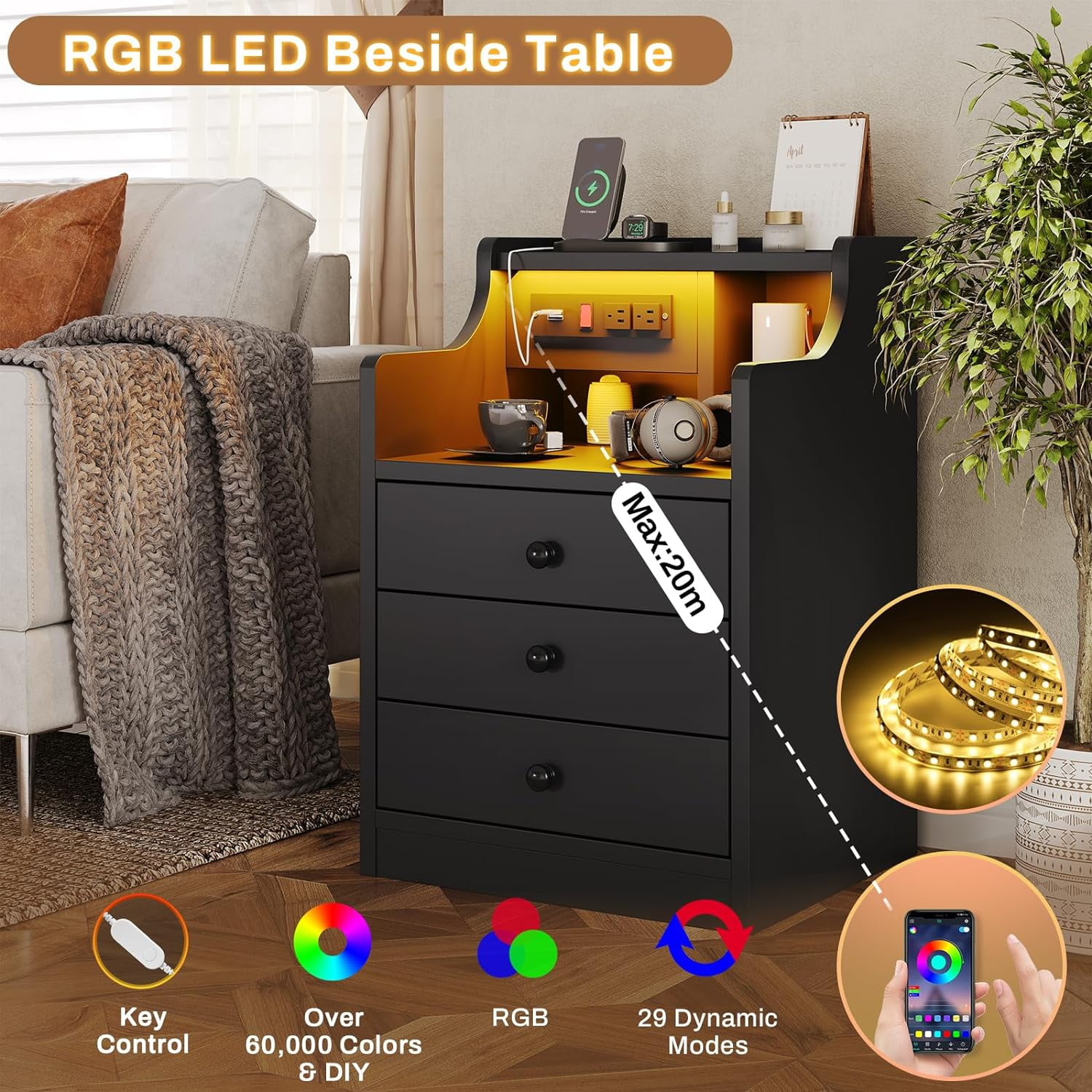 Afuhokles Black Nightstand Set of 2 with LED Light and Charging Station, Modern Bedside Table with Drawers
