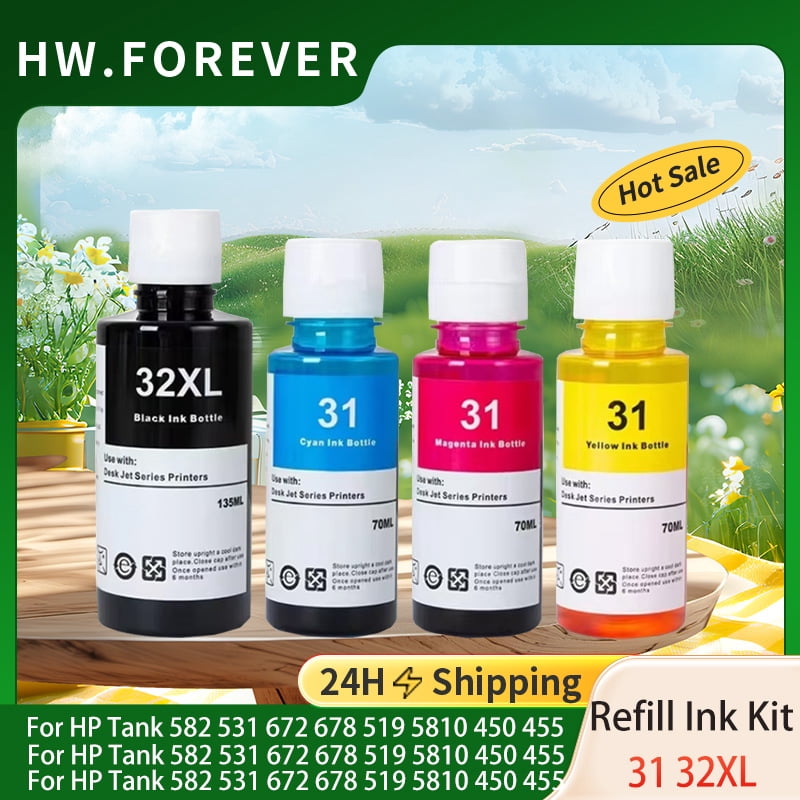 31 32XL Ink Refill For HP Tank 5810 450 455 457 582 531 672 678 519 513 ...