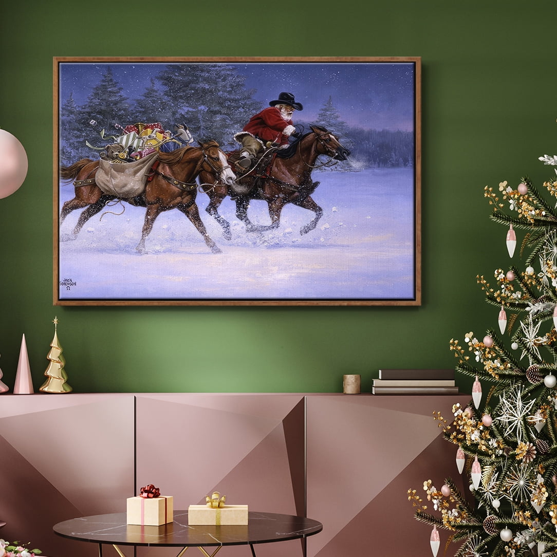 Christmas Rush - Framed Gallery Wrapped Holiday Canvas - 17 x 25 - Rosewood Frame