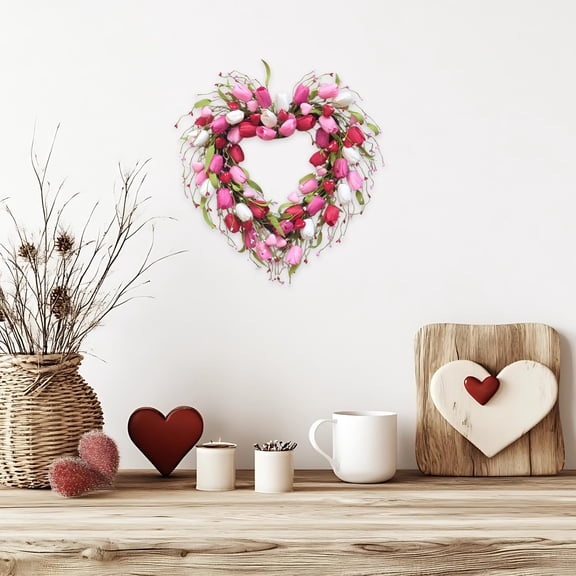 20 Inch Valentine's Day Wreath Artificial Valentines Wreath for Front Door, Pink Wreath with White Pink Red Tulip Berrys, Spring Home Decor for Wedding Holiday Window Wall Indoor Outdoor Decorations