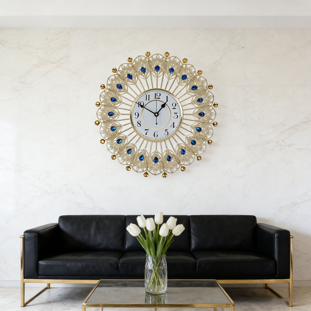 Large Crystal Peacocks Wall Clock Silents None Ticking Battery Operated Modern Decorative for Living Room