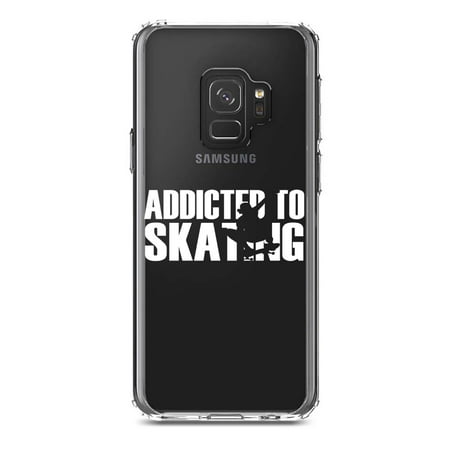 DistinctInk Clear Shockproof Hybrid Case for Samsung Galaxy S9 (5.8" Screen) - TPU Bumper Acrylic Back Tempered Glass Screen Protector - Addicted to Skating