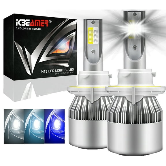 ICBEAMER H13 7200lm Canbus COB LED Replace Halogen 3 colors in 1 Bulb 6000K White 10000K 30000K Dark Blue Headlight