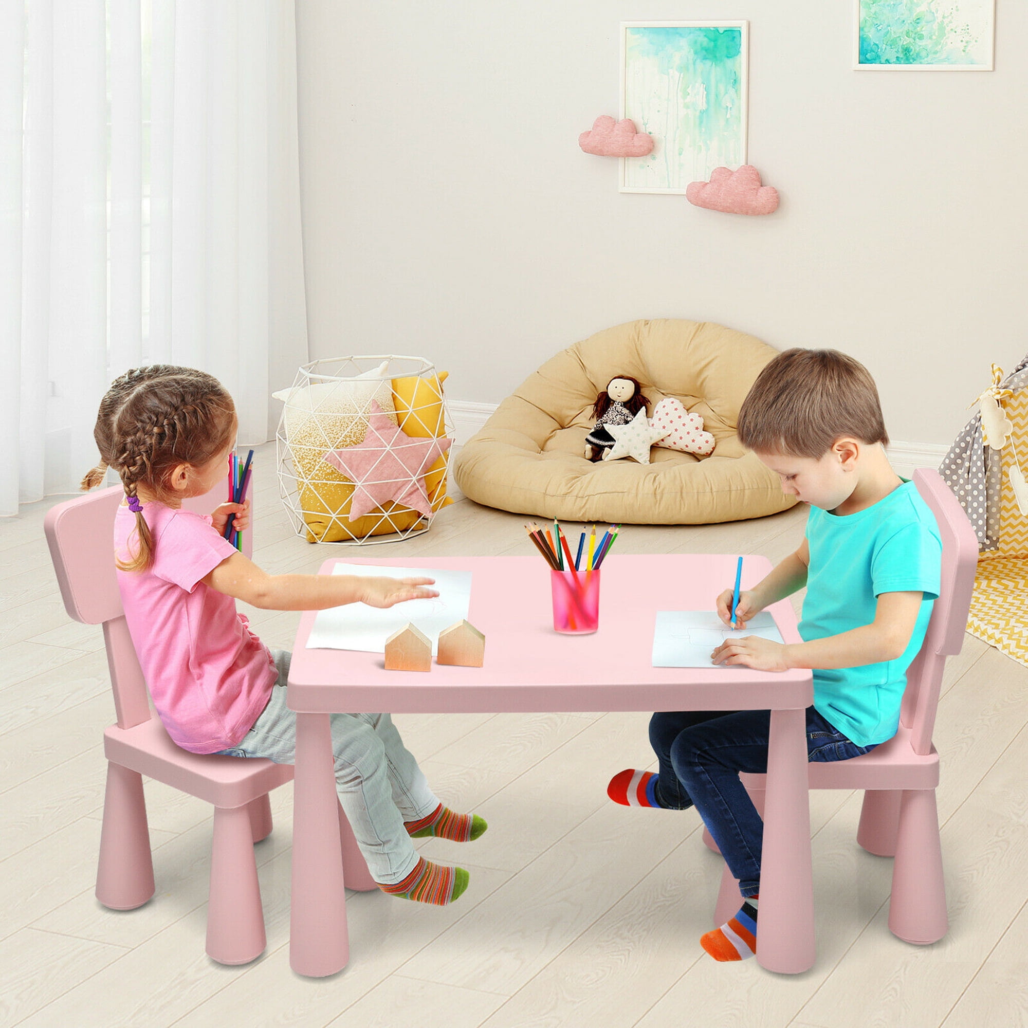 Gymax Kids Table & 2 Chairs Set Toddler Activity Play Dining Study Desk Baby Gift Pink