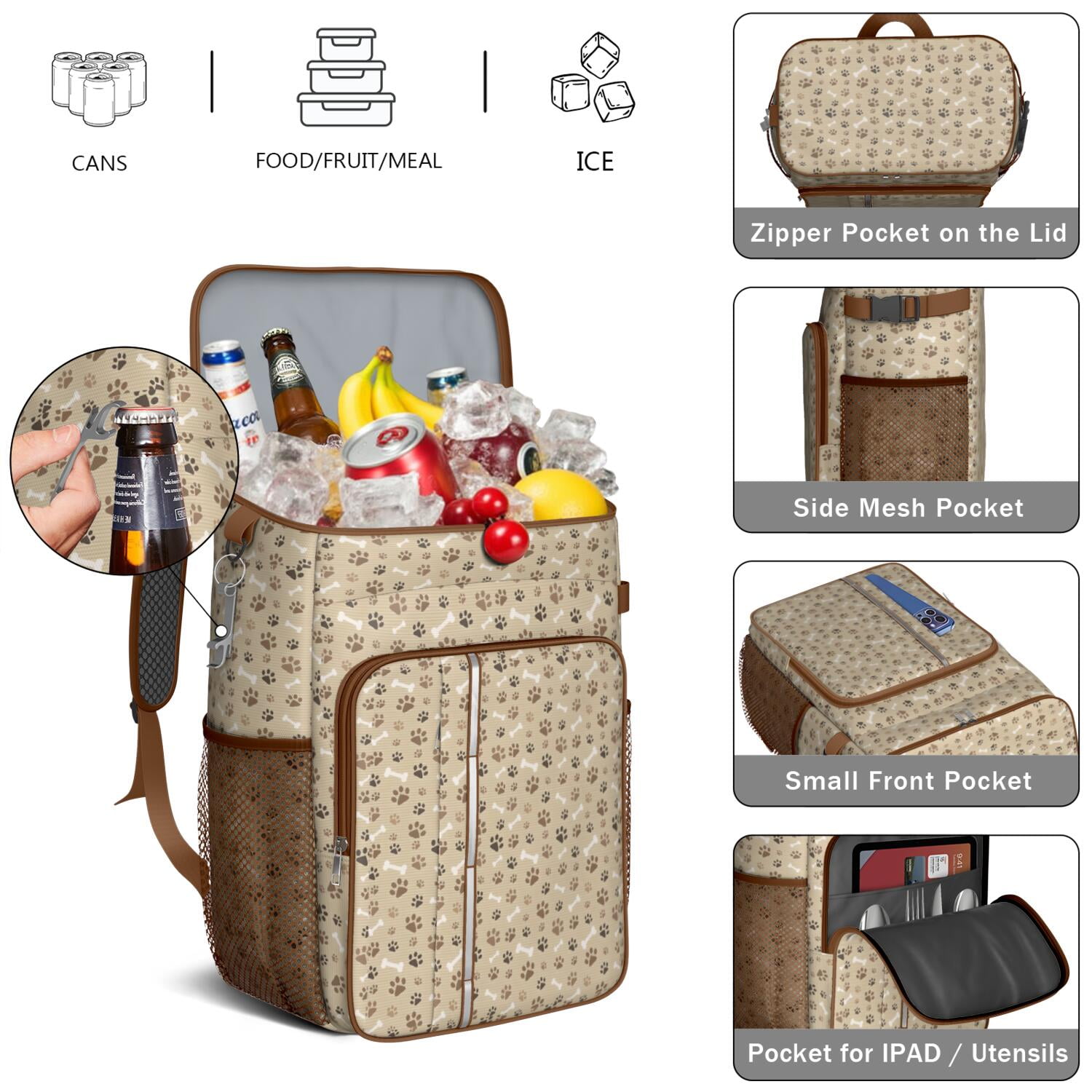 Travel Cooler Bag - Brown Dog Paw Footprint Bone Camping Beer Cooler Backpack with Bottle Opener- Waterproof Insulated Picnic Backpacks - Cooler Bag for Beach