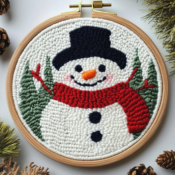 DIY Punch Needle Kits Cute Cartoon Snowman Easy for Beginners Punch Needle Yarn Starter Embroidery Set for Craft lovers with Hoop for Home Decoration 20x20cm(2)