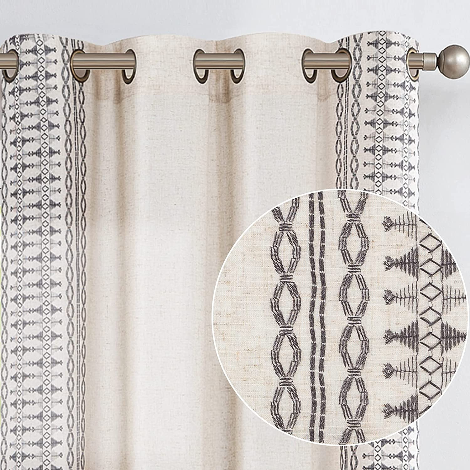Curtainking Linen Boho Curtains Geometry Embroidery Drapes 84 inch Semi Sheer Window Curtain for Living Room Bedroom Grommet 2 Panels Grey on Beige