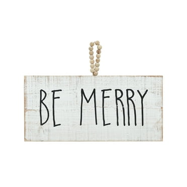 Be Merry Whitewashed Wood Wall Hanging Plaque Sign with Natural Wood Bead String Hanger, Christmas Decoration Wood Sign for Home, Office