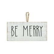 Parisloft Be Merry Wood Sign with Natural Wood Bead String Hanger, Christmas Wall Decor, Whitewash