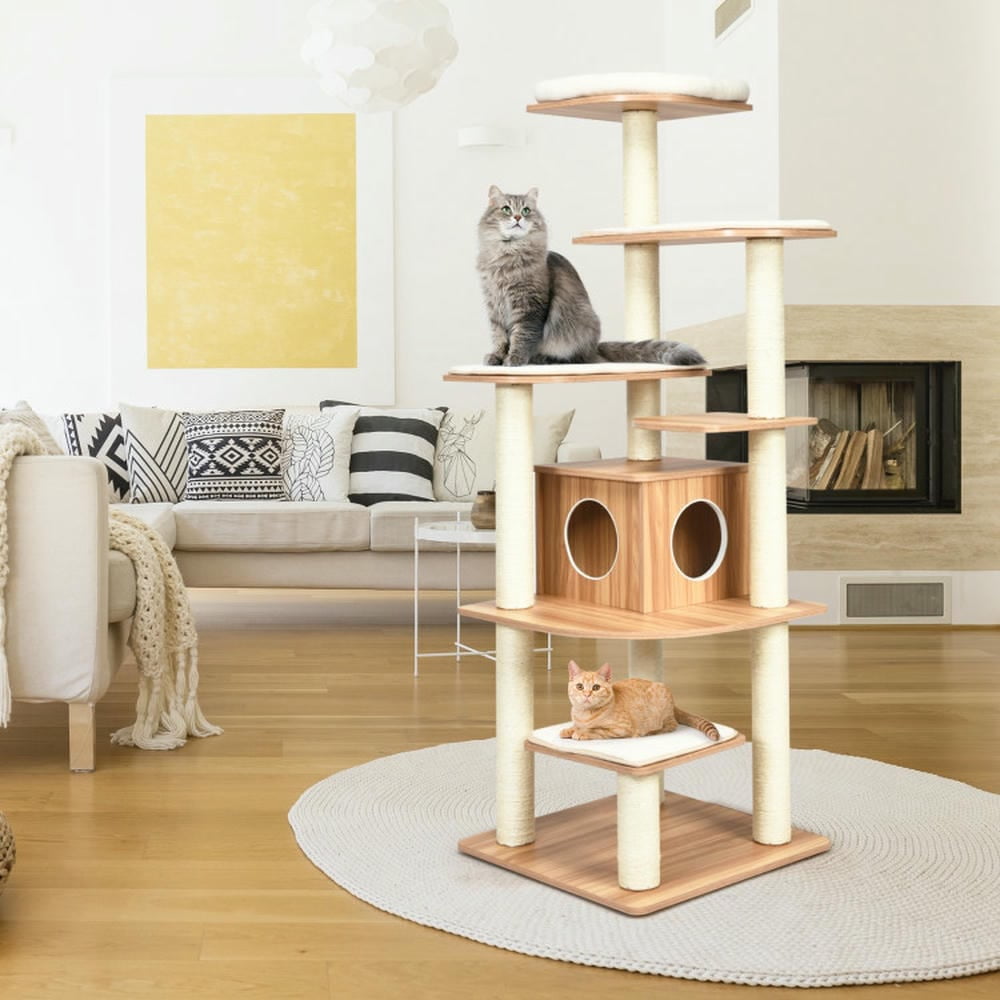 Spaco Cat Tree, 57-Layer Wooden Cat Tree Tall Cat Tower with Sisal Posts and Condo-Natural, Cat House with Platform Bed, Large Cozy Condo