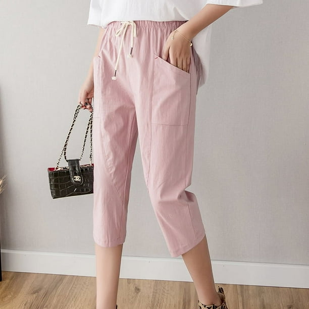 Pantalones harén de algodón puro para mujer, pantalones casuales de pierna de lino y algodón sueltos y finos de verano, pantalones de zanahoria recortados y adelgazantes de talla grande