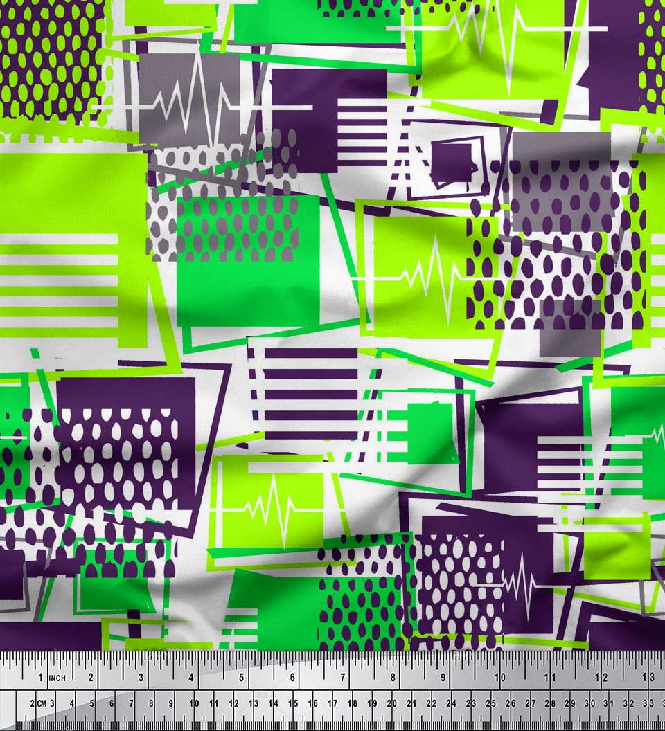 Soimoi Green Japan Crepe Satin Fabric Geometric Abstract Printed Fabric 1 Yard 42 Inch Wide