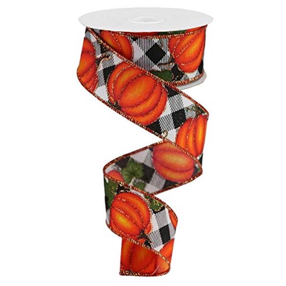 Pumpkin and Leaves on Check with Glitter Wired Edge Ribbon, 10 Yards (White, 1.5 Inch)