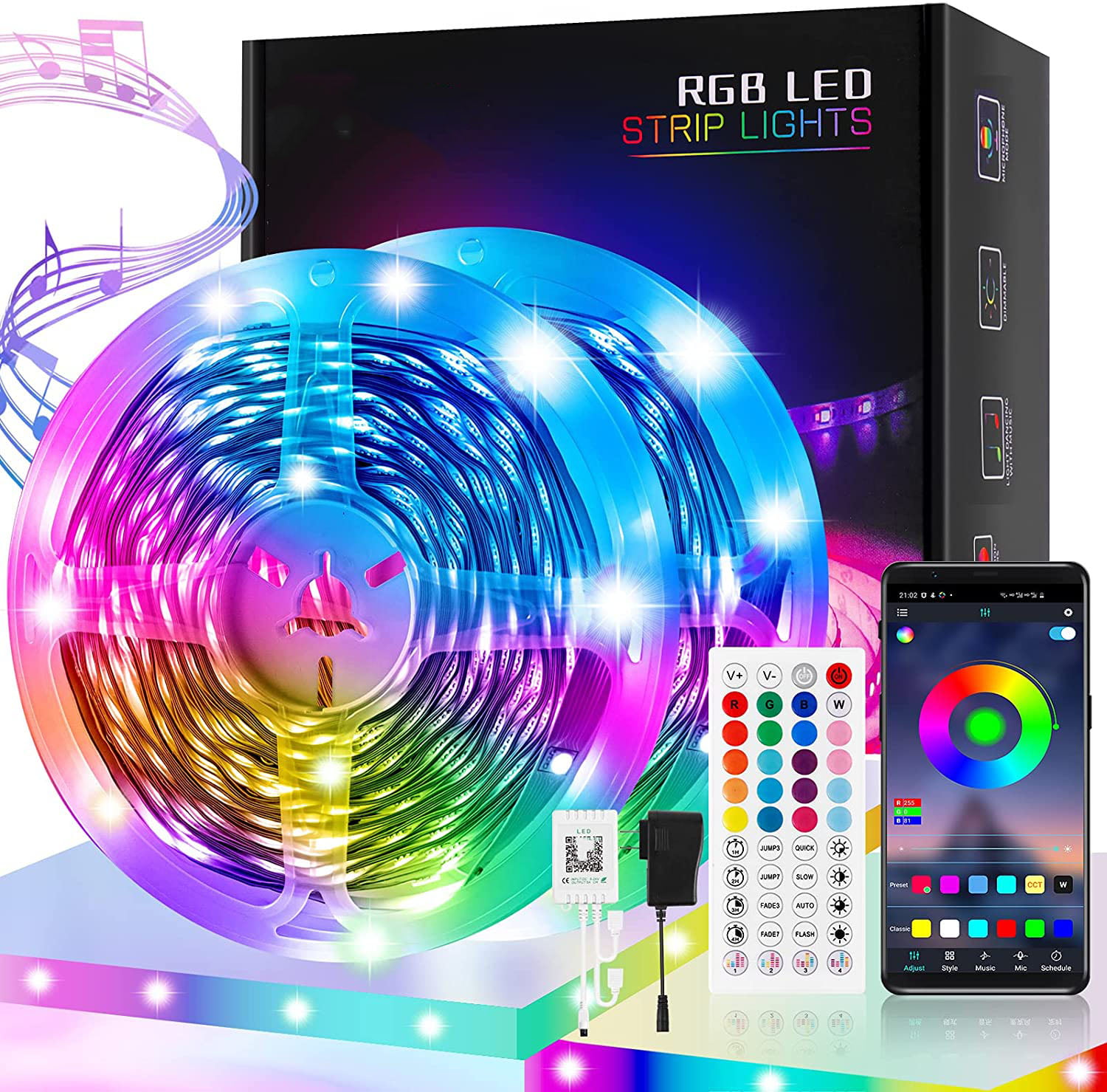 10-100ft LED Strip Lights 5050 RGB Music Sync Mic APP Remote Bluetooth Kit White 