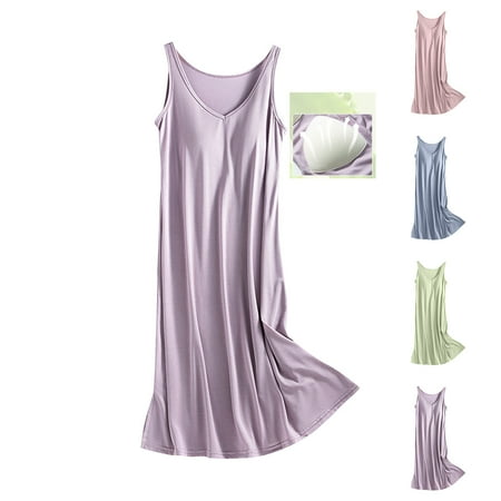 NANAIQ Women s Summer V-Neck Sleep Dress with Built-in Bra Cool & Breathable Nightgown for Lounge  Sleepwear & Home Comfort | Sexy Pajama Dress & Lingerie Womens Slip Dress Light Green XL