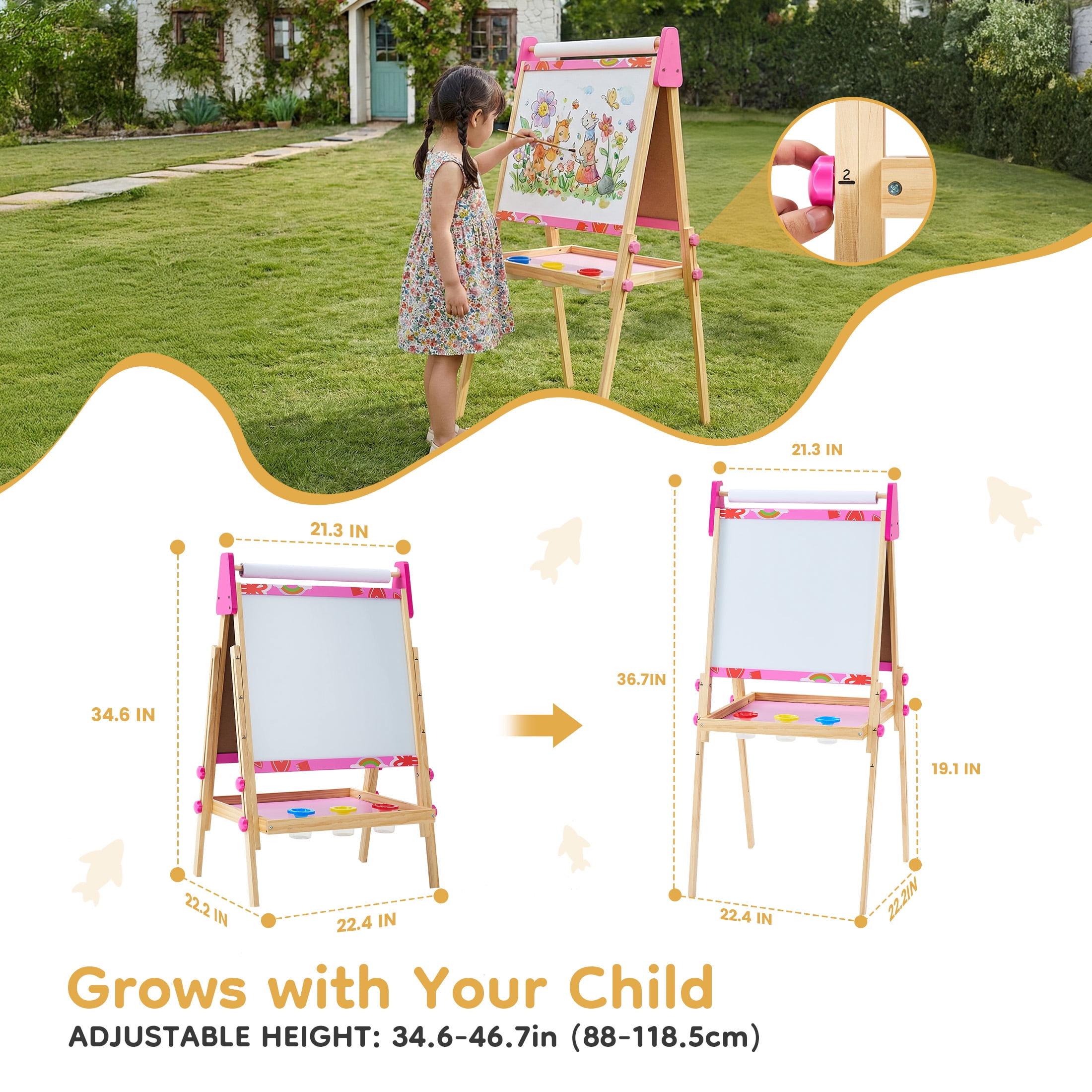 CONCETTA Kids Easel, Double-Sided Magnet Whiteboard & Chalkboard with Paper Roll, Storage Shelf & Accessories, Pink