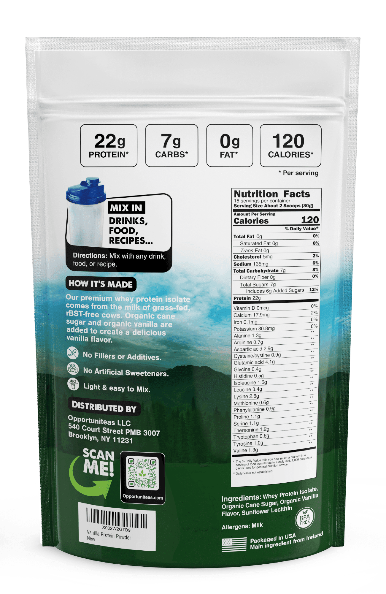 Opportuniteas Grass Fed Vanilla Whey Protein Isolate Powder - 22g Protein Powder Without Artificial Sweeteners, Hormone-Free Cows, Non GMO - 1lb
