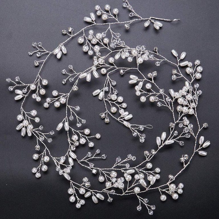 Silver Extra Long Pearl and Crystal Beads Bridal Hair Vine  display picture 3