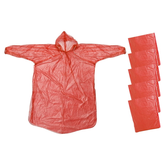 Unique Bargains Ponchos de Pluie, Lot de 5 Vestes de Pluie Unisexes Jetables avec Capuche pour Protection contre l'Eau, Rouge