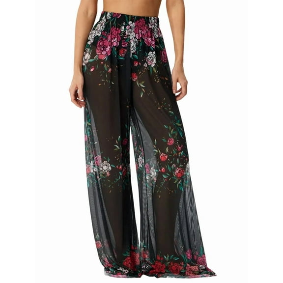 Women'S Elastic High Waist Wide Leg Pants Casual Long Home Pants Rose Red L