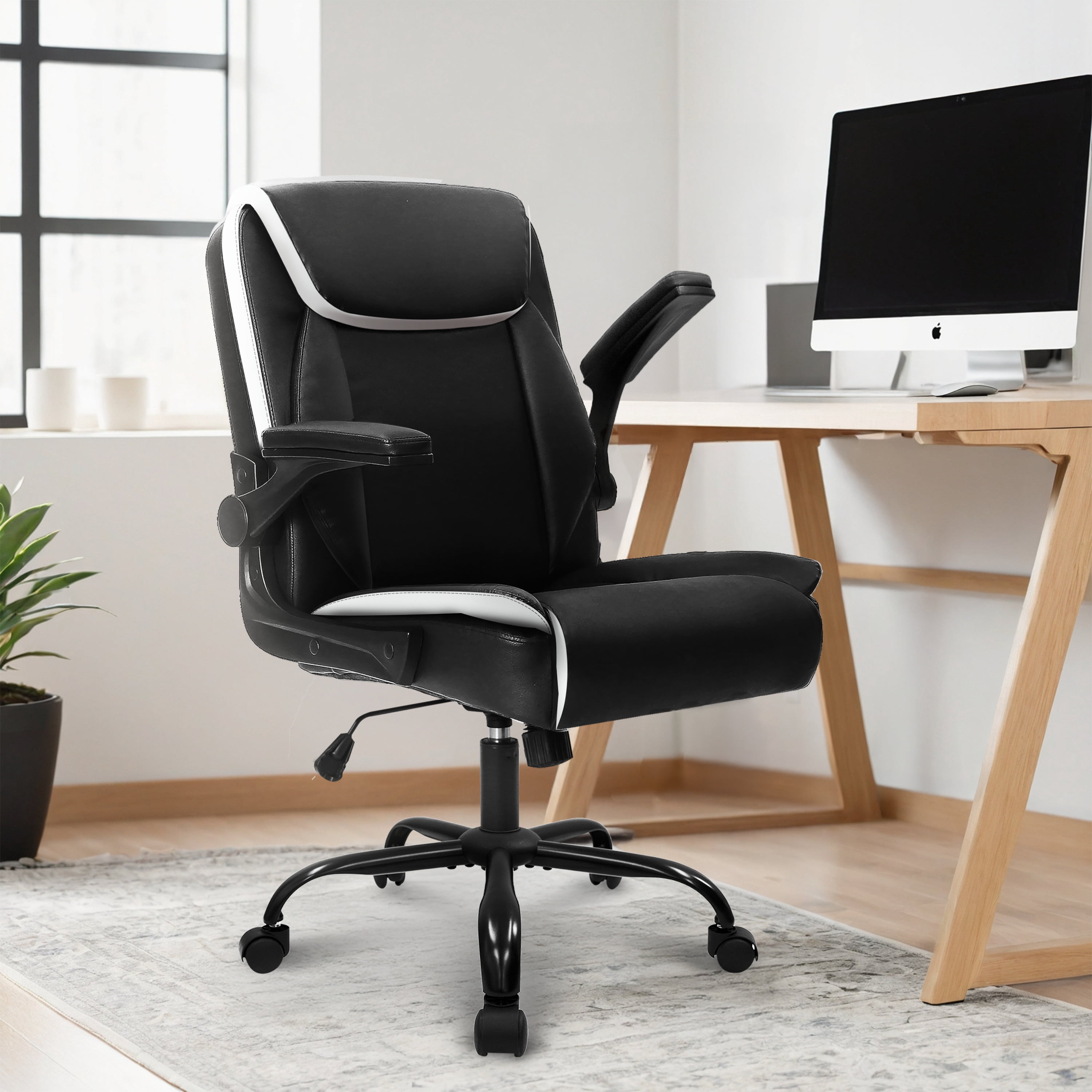 NEO CHAIR Desk Office Gaming Computer Chair Ergonomic Executive Mid-Back Leather with Adjustable Padded Flip-Up Armrests Cushion Wheels Swivel for Home Study Task (Black White)