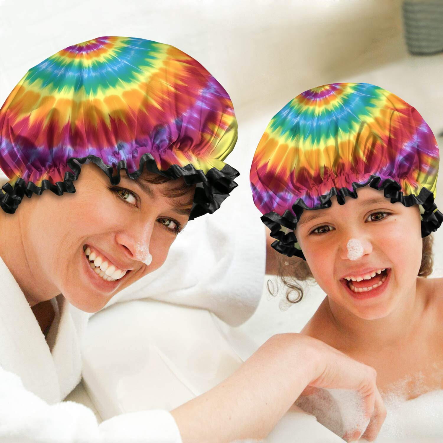 Shower Caps,Colorful Rainbow Tie Dye Spiral Pattern Waterproof Shower Cap for Women 4 Pieces,Double Reusable Hair Cover for Shower PEVA Elastic Stretch Hem