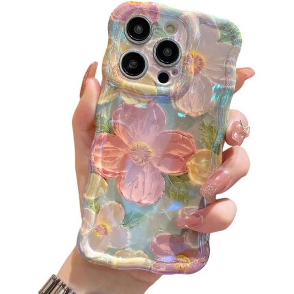 Compatible with iPhone Case,Cute Luxury Laser Flower Floral Wavy Curly Water Ripple Bumper Silicone Camera Lens Protection Shockproof Cover Phone Case (Green,iPhone 13)