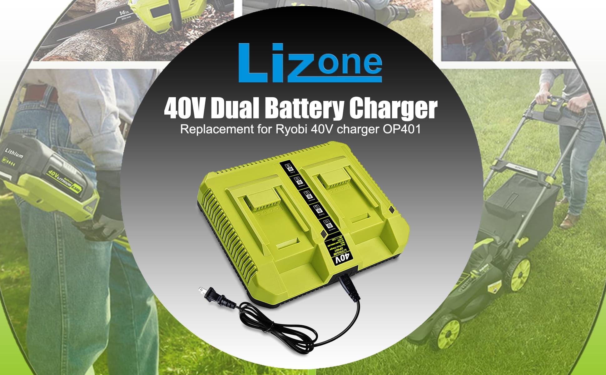 OP401 40V Dual Battery Charger Replacement for Ryobi 40V Lithium-ion Battery Rapid Charger OP401 OP403 OP404 OP406 OP407A OP40601 6Ah OP40602 5Ah OP4050 4Ah OP4040 40 Volts Dual Charger