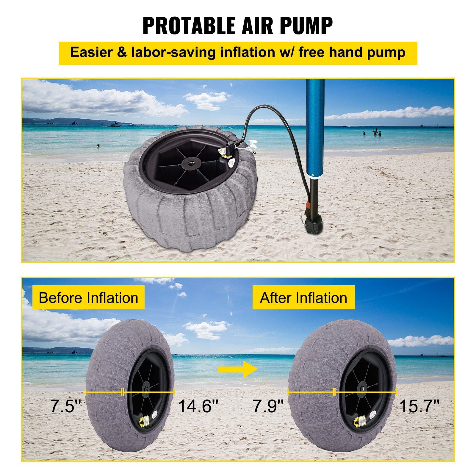 Beach Balloon Wheels 2-Pack, 15.7-Inch Replacement Sand Tires with Heavy-Duty TPU Construction, Includes Hand Air Pump for Easy Inflation, Compatible with Kayak Dolly, Canoe Cart, Up to 176 lbs