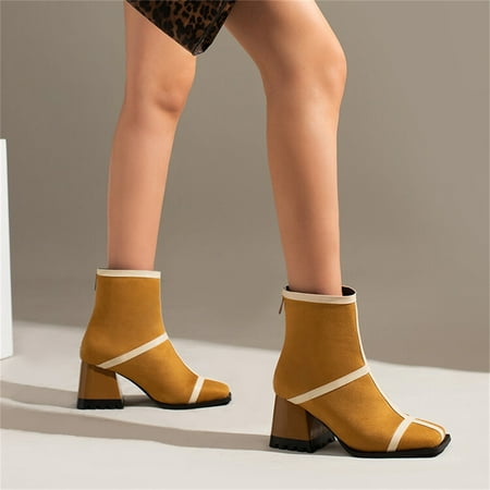 

Akiihool Ankle Boots for Women Women s Zipper Booties Stacked Heel V Cutout Pointed Toe Stacked Mid Heel Booties (Yellow 8)