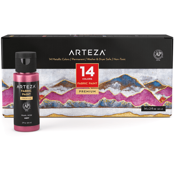 Arteza Fabric Paint, Metallic, 60ml Bottles, MachineWashable 14 Pack