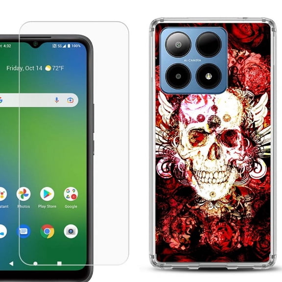 For Boost Mobile Summit 5G Shockproof Phone Case Cover with Tempered Glass Screen Protector, by OneToughShield - Rose Skull