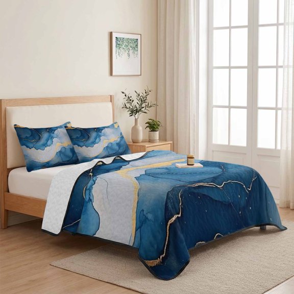 3 Piece Summer Bed Quilt Set Twin XL Size,Blue Gradient Marble Water Ripple Lightweight Bedspread Coverlet with 2 Pillowcases Abstract Ombre Soft Comforter Bedding Quilts for All Season