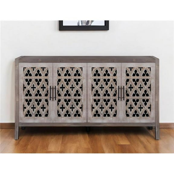HomeRoots 568411 63 in. Brown Distressed Carved Scrollwork Sideboard with Four Doors