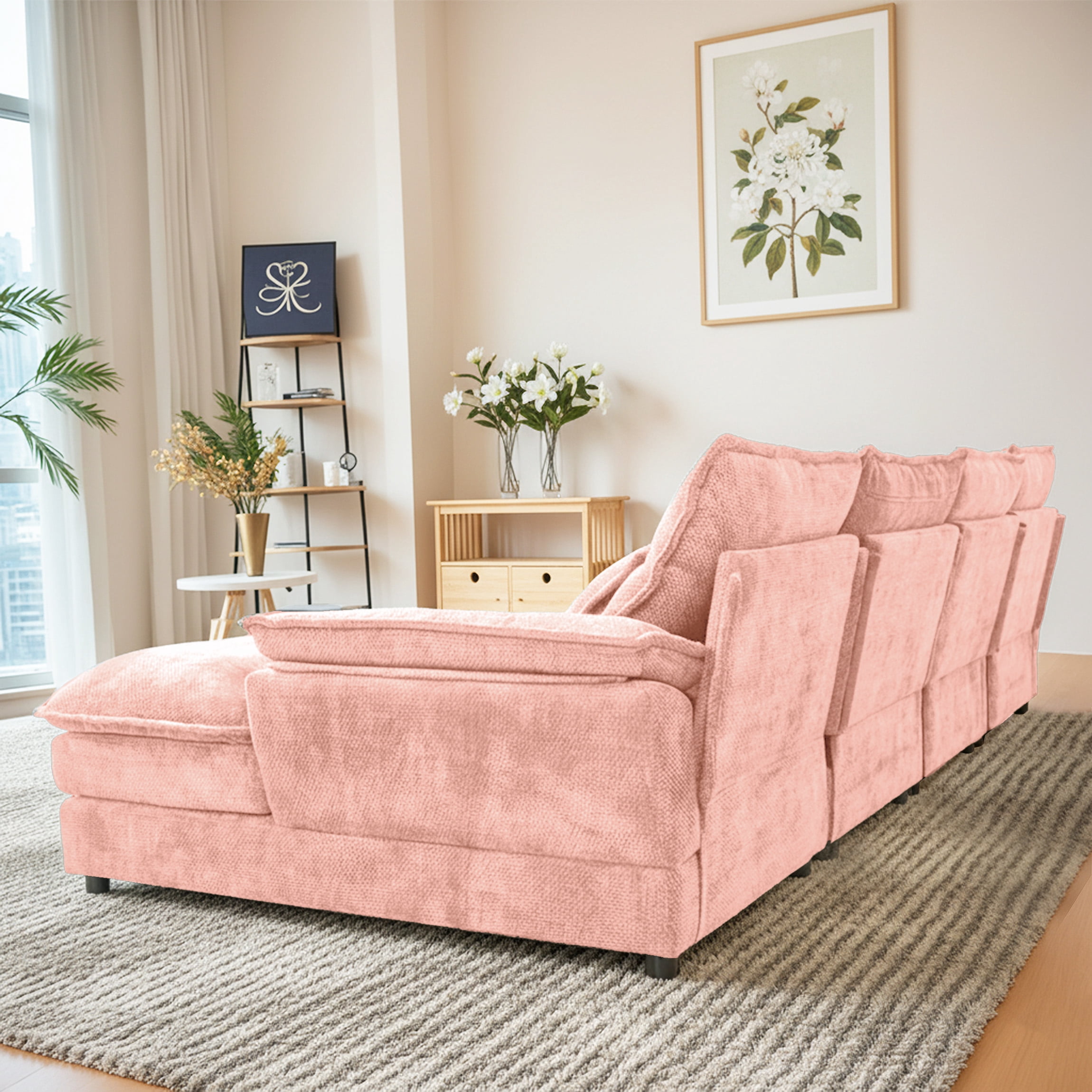 SEENYOO 110.24" U-Shaped Couch, Cloud Modular Sectional Sofa with Chenille Fabric, 4-Seat Comfy Couch for Living Room,Pink