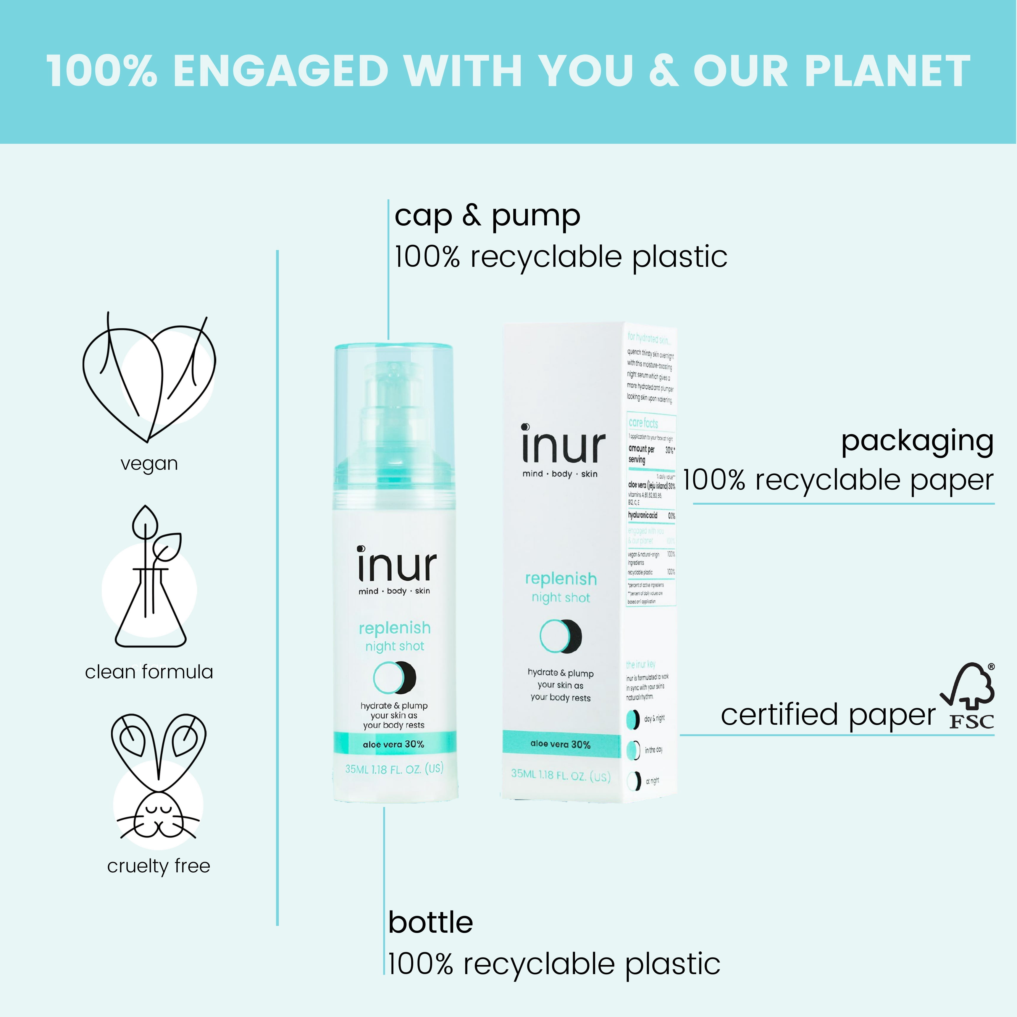 Inur Replenish Hyaluronic Acid & Aloe Vera Night Serum, Moisture-Boosting Treatment, 1.18 fl oz