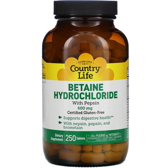 Country Life Betaine Hydrochloride with Pepsin, 250 Tablets