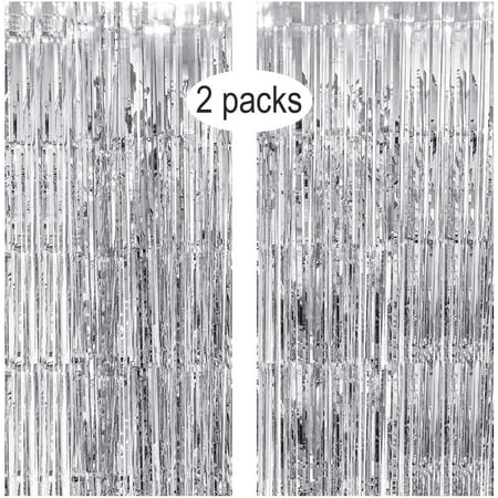 Image of 2 Pack Silver Metallic Tinsel Foil Fringe Curtains Foil Curtains Metallic Fringe Curtains for Wedding Birthday Baby Shower Party Decoration Party Photo Backdrop