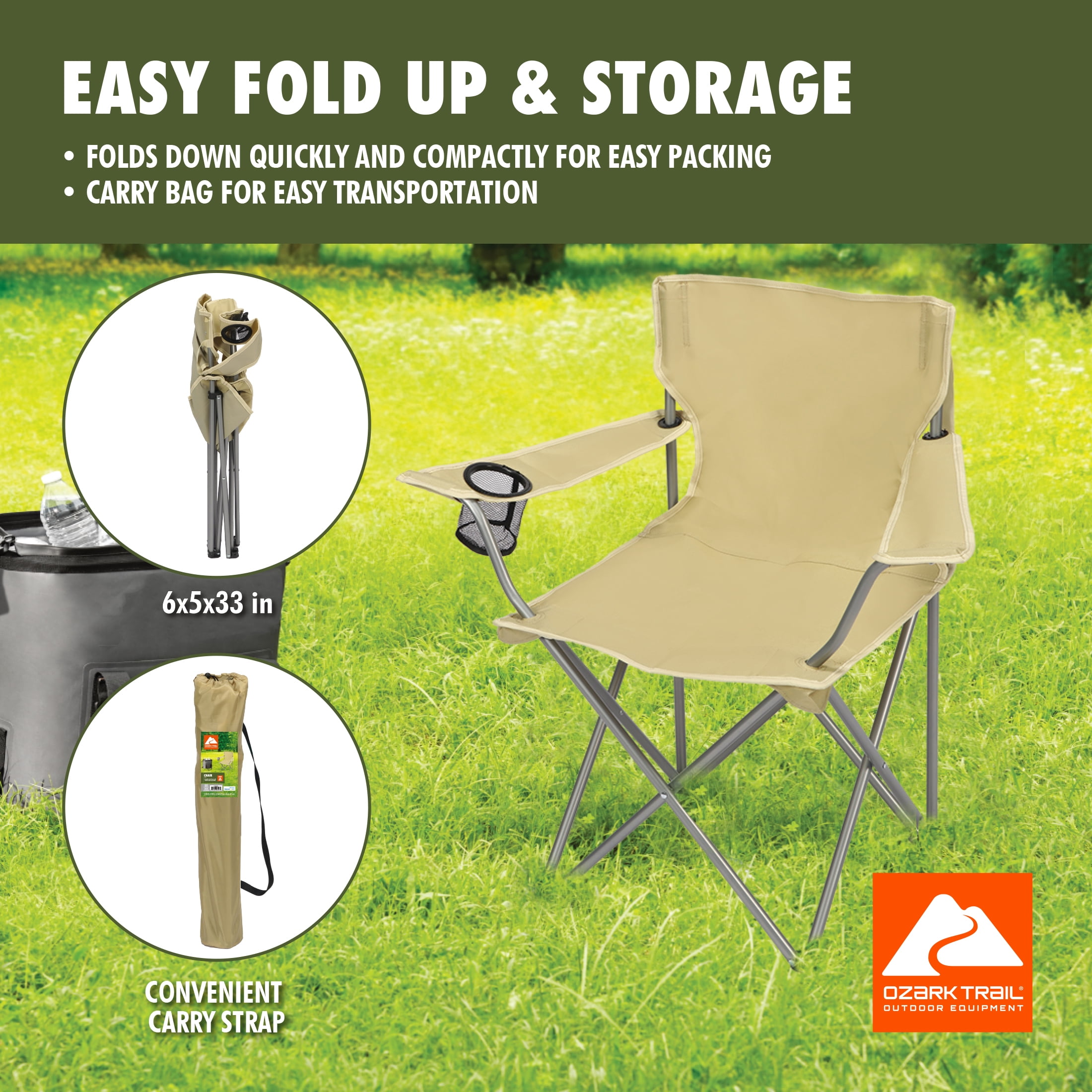 Ozark Trail Quad Folding Camp Chair with Cup Holder, Gold