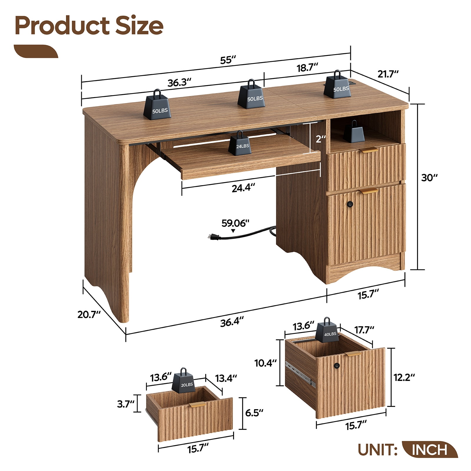 Bestier 55" Home Office Desk with Smart Fingerprint Cabinet Lock, Writing Computer Desk with Power Outlets, Keyboard Tray and Storage Drawers, Brown