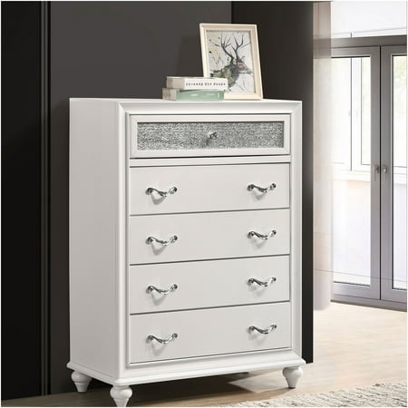 JERFIT 5-Drawer Glam Dresser with Crystal Knobs, Sparkling Acrylic Panel White Chest for Bedroom Storage, Modern Wood 5-Drawer Chest